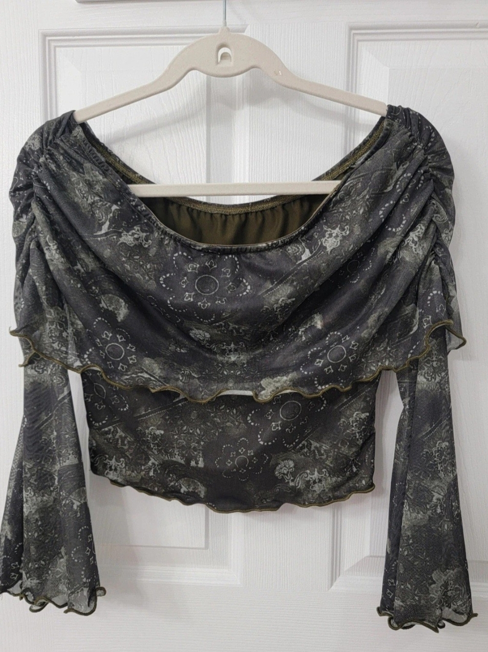 Verdusa Olive Green Mesh Off Shoulder Ruffle Top - Small
